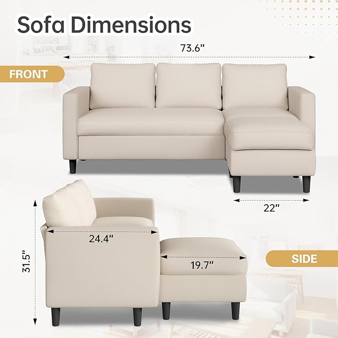 JAMFLY Sectional Sofa for Living Room, 3-Seat Reversible Couch