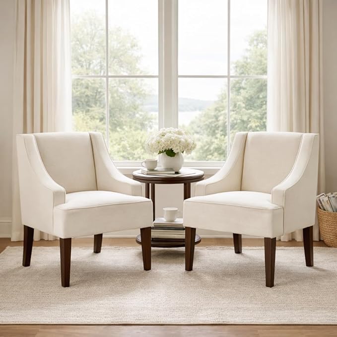Homepop Upholstered Classic Swoop Arm Accent Chair Home Décor, Warm Ivory