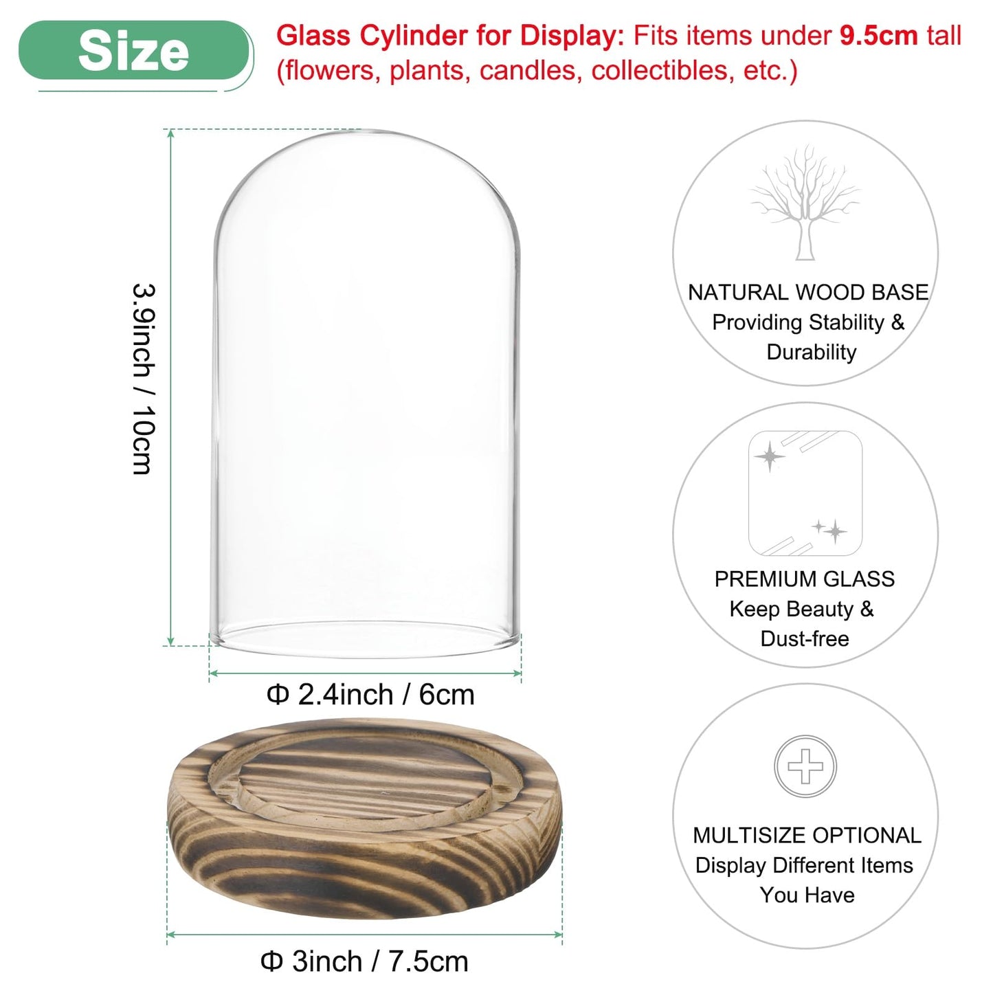 M METERXITY Cloche Glass Dome, 3.9"x2.4" Glass Display Case with Wooden Base for DIY Snow Globes/Small Plants/Flowers/Candles/Models/Souvenirs, Tabletop Centerpiece [Burnt]