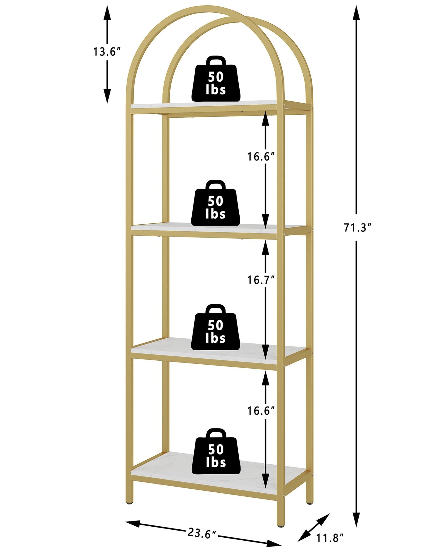 Yusong Bookshelf 4 Tier Arched Bookcase, 71.3" Tall Industrial Open Book Shelves for Living Room, Modern Freestanding Display Shelving Storage Rack Metal Frame, Office, Bedroom,Gold White