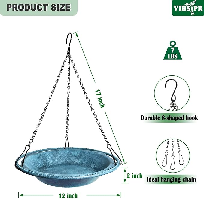 Hanging Bird Bath & Feeder Bowl, 12 in Outdoor Bird Bath with Chains, Durable Weather-Resistant PP, Antique Blue, Backyard Garden Decor