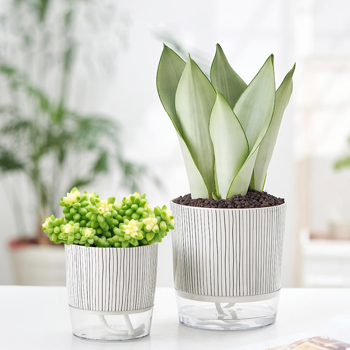 XKYQSY 3 Pack 4.3+5.5+6.3 Inch Self Watering Pots Set, Self Watering Planter with Reservoir and Wick Rope for Indoor/Outdoor Plants, Modern Houseplants Pots for African Violets,Cactus,Succulents