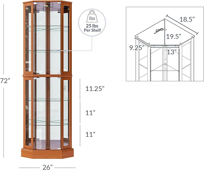 BELLEZE Lighted Curio Cabinet Corner Display Case
