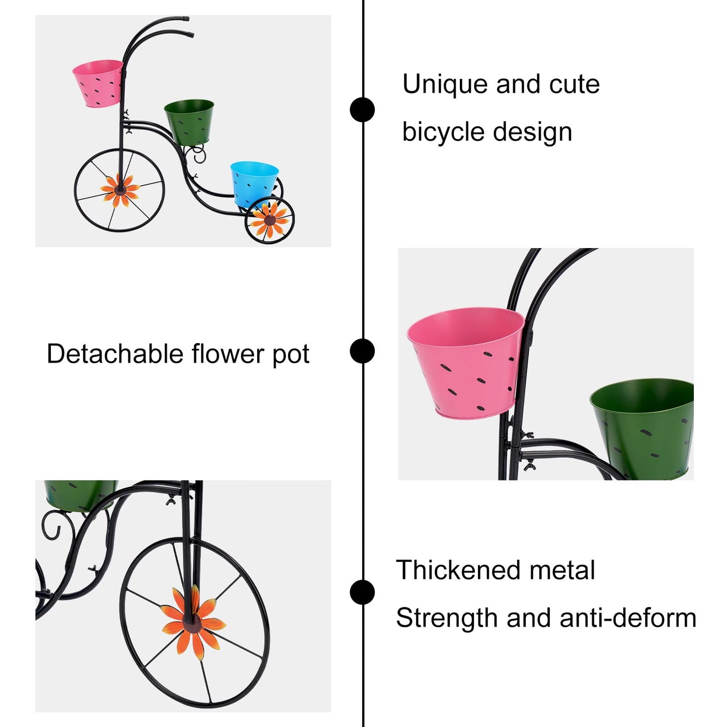 LEWIS&WAYNE Metal Tricycle Planter, 3 Tier Floral Flower Plant Stand Holder Hand Painted Outdoor Garden Patio Decor