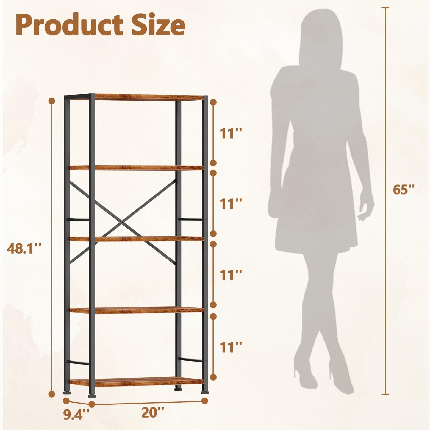 Furologee 5 Tier Book Shelf Set of 2, Tall Wide Bookshelf, Industrial Open Bookcase, Display Shelves Storage Organizer, Shelving Unit for Living Room, Home Office, Bedroom, Rustic Brown