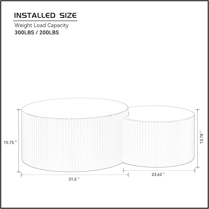 Black Round Coffee Table Nesting End Table Set of 2 Fluted Side Tables Set