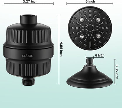 Cobbe 6-Setting High Pressure Filtered Shower Head Combo, Detachable Rain Shower Head with 20 Stage Shower Head Filter for Hard Water - Remove Chlorine and Harmful Substances, Black