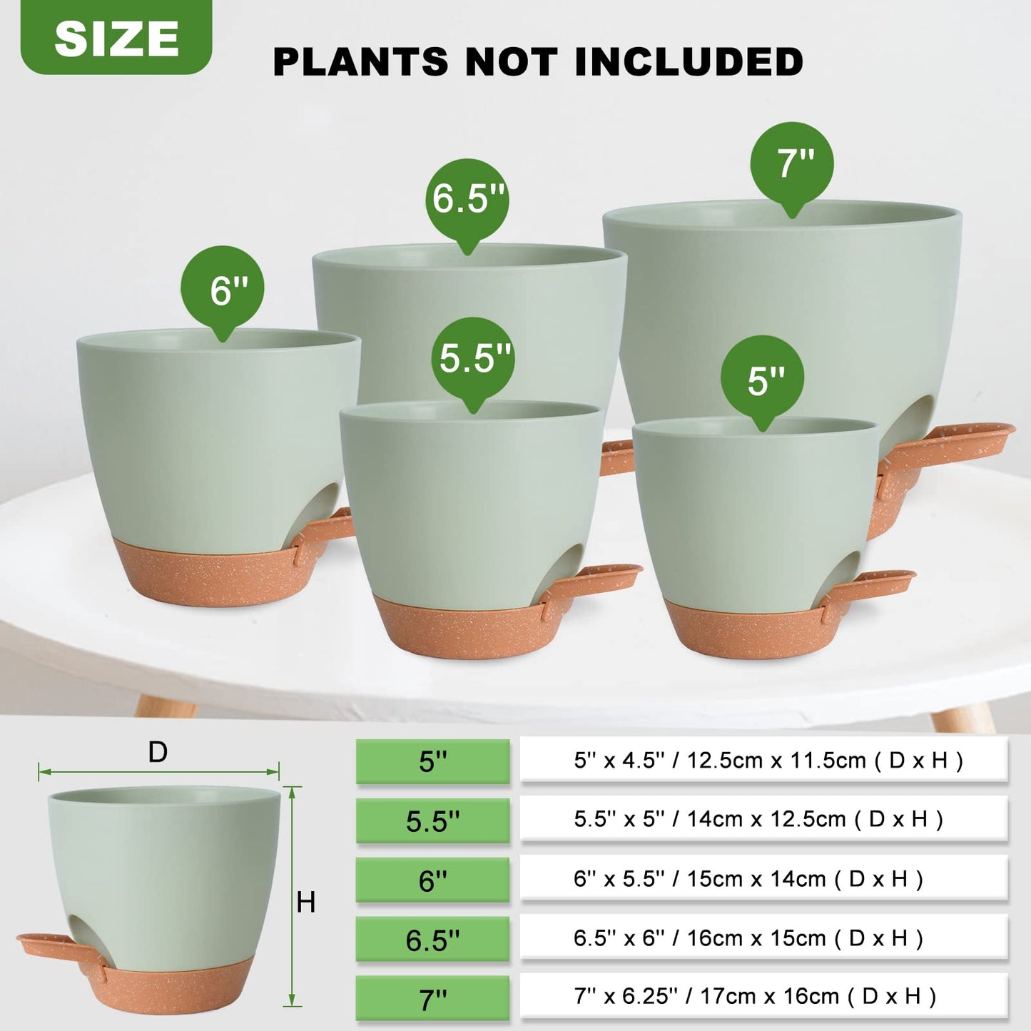 Vanslogreen Plant Pots Indoor 7/6.5/6/5.5/5 Inch Self Watering Planters for Indoor Plants with Drainage Hole, Plastic Flower Pots for Succulents, African Violet (Green)