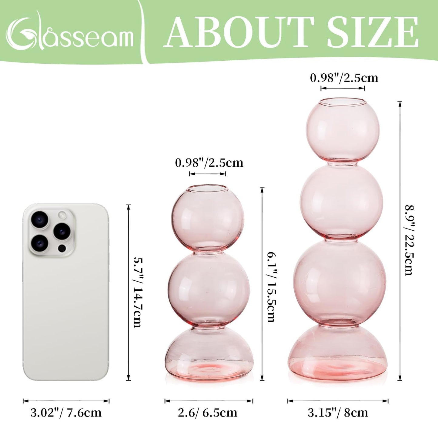 Glasseam Cute Pink Flower Vase, Unique Handmade Glass Vase for Flowers, Aesthetic Small Bud Vase Decor, Modern Ball Round Decorative Propagation Vases for Living Room Dining Table Decorations