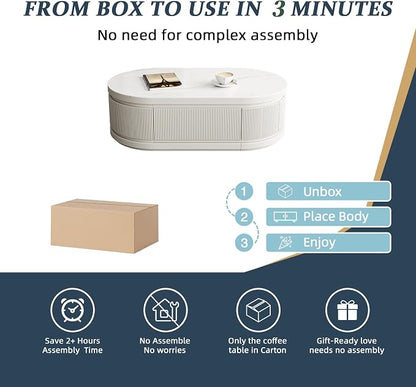 Modern Marble Coffee Table with Storage Drawers, Extendable Solid Wood Coffee Tables for Living Room, Fully Assembled Fluted Oval Center Table, No Installation Needed, White Finish