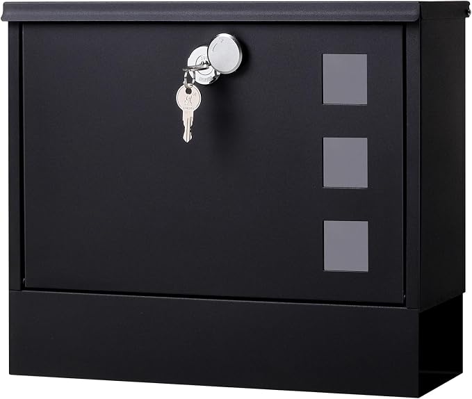 Locking Mailbox Wall Mount for Outside– Jssmst Mailboxes with Key Lock for Front Door Fence, Large Capacity Letter Box, 14.3 x 4.1 x 11.8 Inch, Black, SM-HPB911BN
