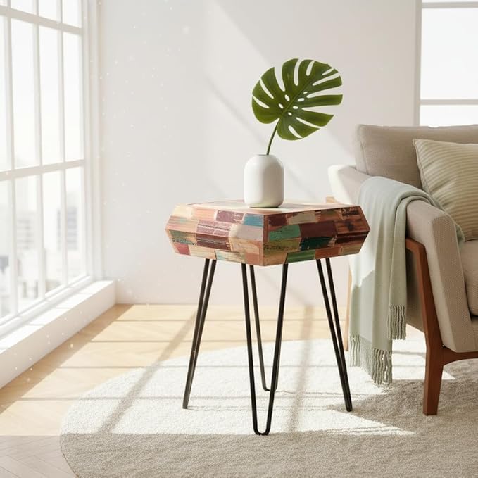 Multicolor Square Wood Drum Side Table 14" x 14" x 20" H Reclaimed Wooden