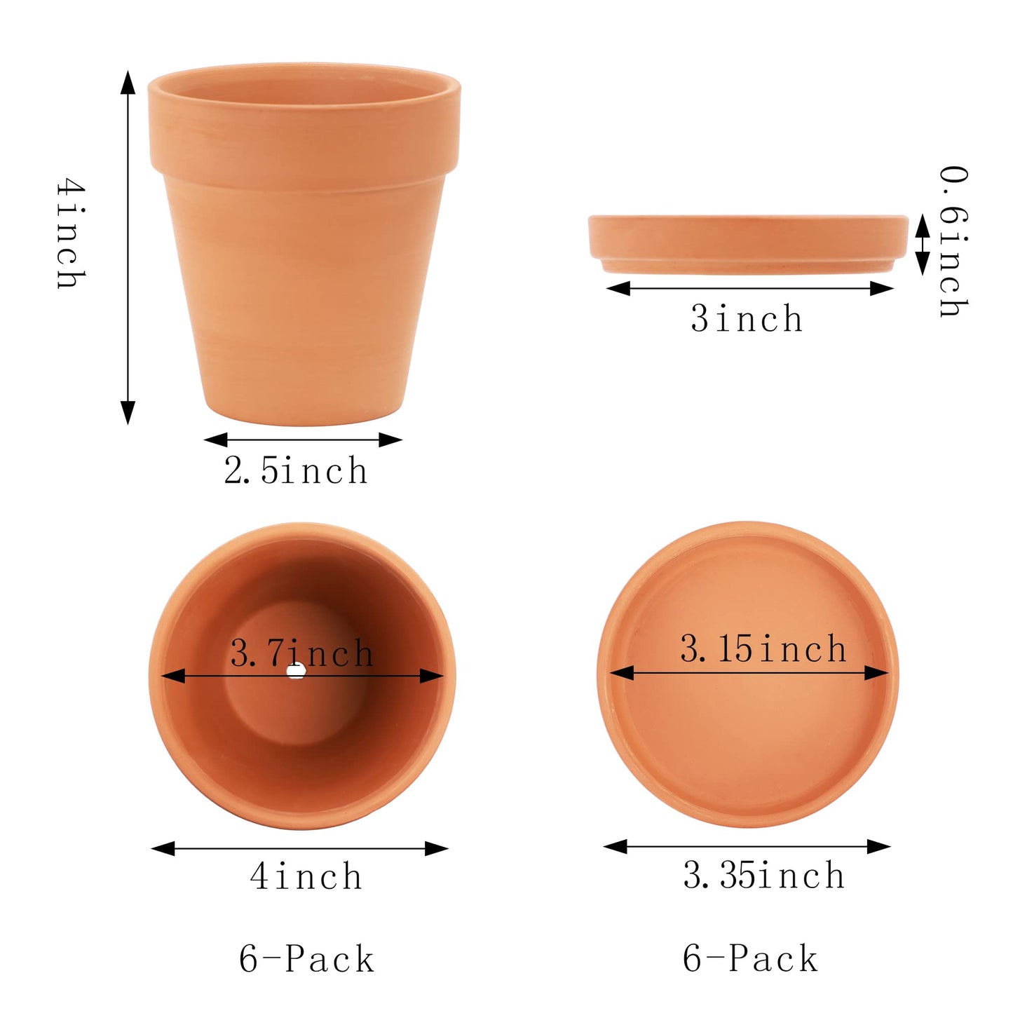 Terra Cotta Pots with Saucer- 6-Pack Small Terracotta Pot Clay Pots 4'' Clay Ceramic Pottery Planter Cactus Flower Pots Succulent Pot with Drainage Hole- Great for Plants,Crafts terra cotta planter