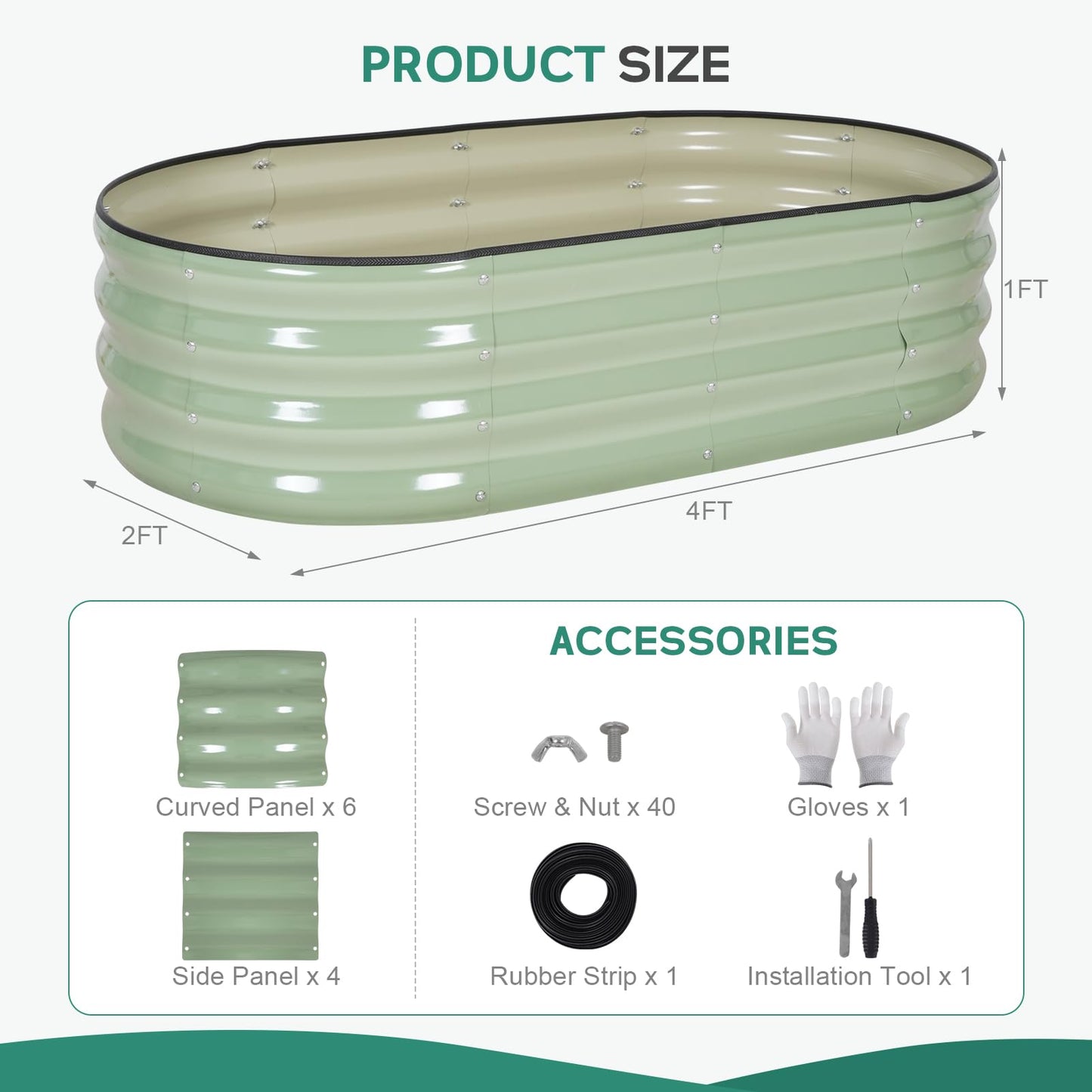 BIRDSINYARD Galvanized Raised Garden Bed - 4×2×1ft (2 Packs) Planter Raised Beds for Gardening | Oval Metal Garden Planter Box with Safety Edging and Gloves for Vegetables Fruits Flower - AvocadoGreen