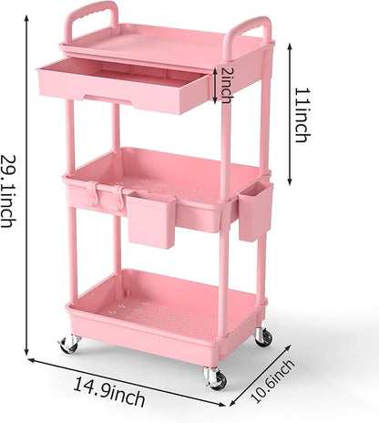 3 Tier Rolling Utility Cart with Drawer, Plastic Storage Organizer Rolling Carts with Wheels Handles Hanging Cups Hooks for Office, Bathroom, Kitchen,Craft Art Room (Pink)