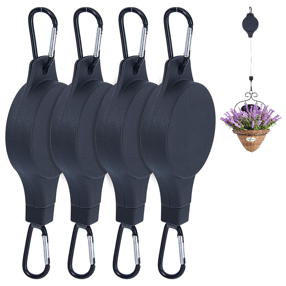 DICOSMETIC 4Pcs Upgraded Retractable Plant Hanger Black Plant Pulley Heavy Duty Hanging Plants Holder Adjustable Hook for Flower Pots Birds Feeder Wind Chimes Plants Grow Lights