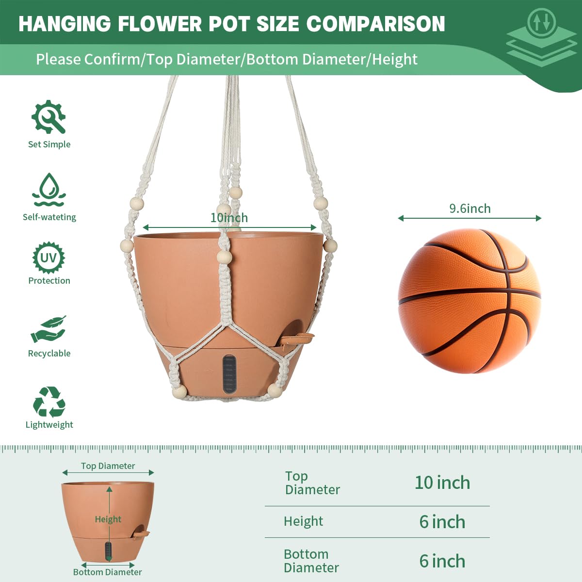 YUNLINGAA Self-Watering Hanging Planters for Indoor Plants Set 2-Piece Includes Plant Hanging Pot, Drainage-Hole Hanging Pot, and Hanging Basket Rack (Terracotta,10 Inches)