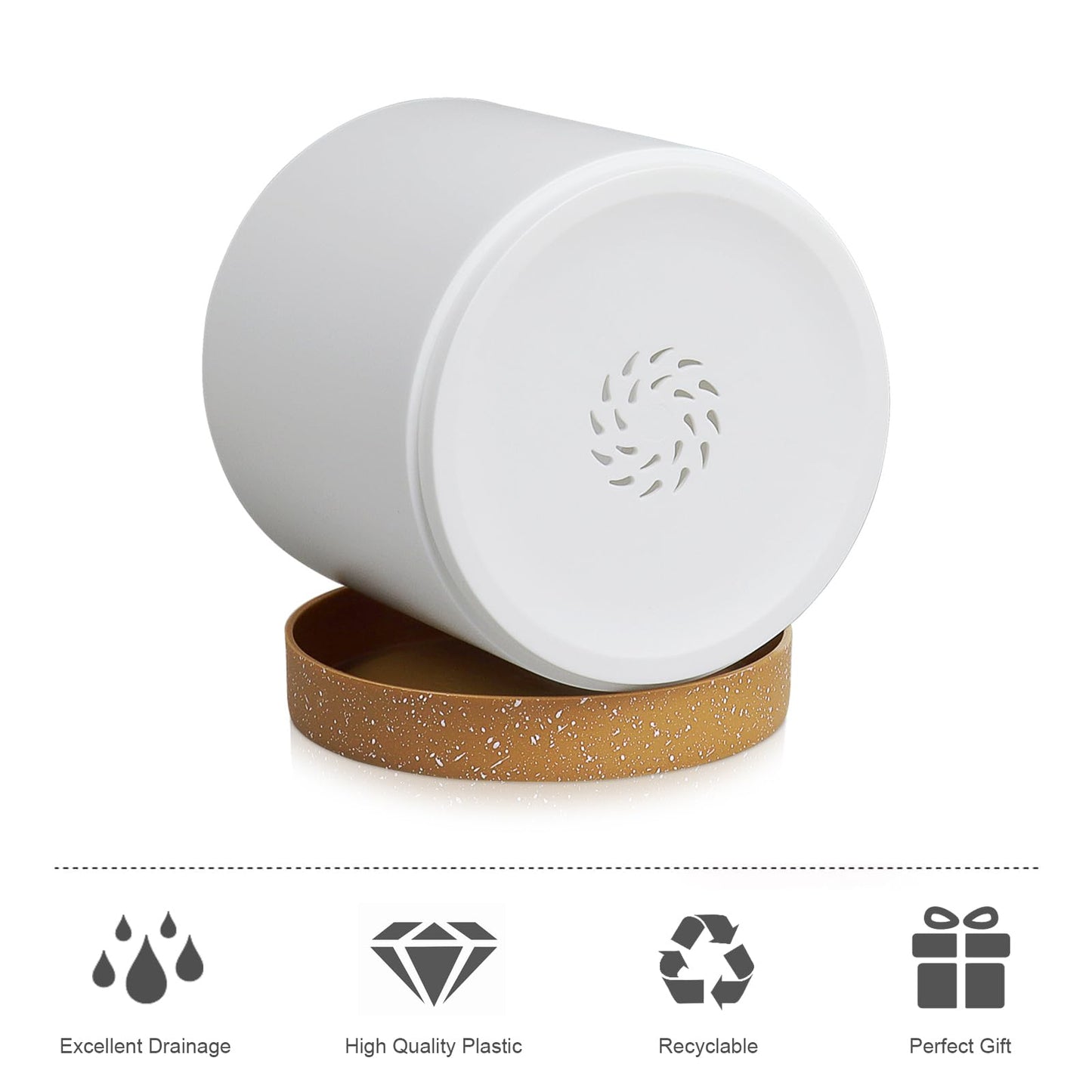 WSMKSZ 5 Pack Cylindrical Flower Pots with 7/6.5/6/5/4 inch, Modern Small Plastic Plant Pots with Drainage Holes & Saucers, Round Planter Pots for Outdoor, Indoor & Office Decor (White Brown)