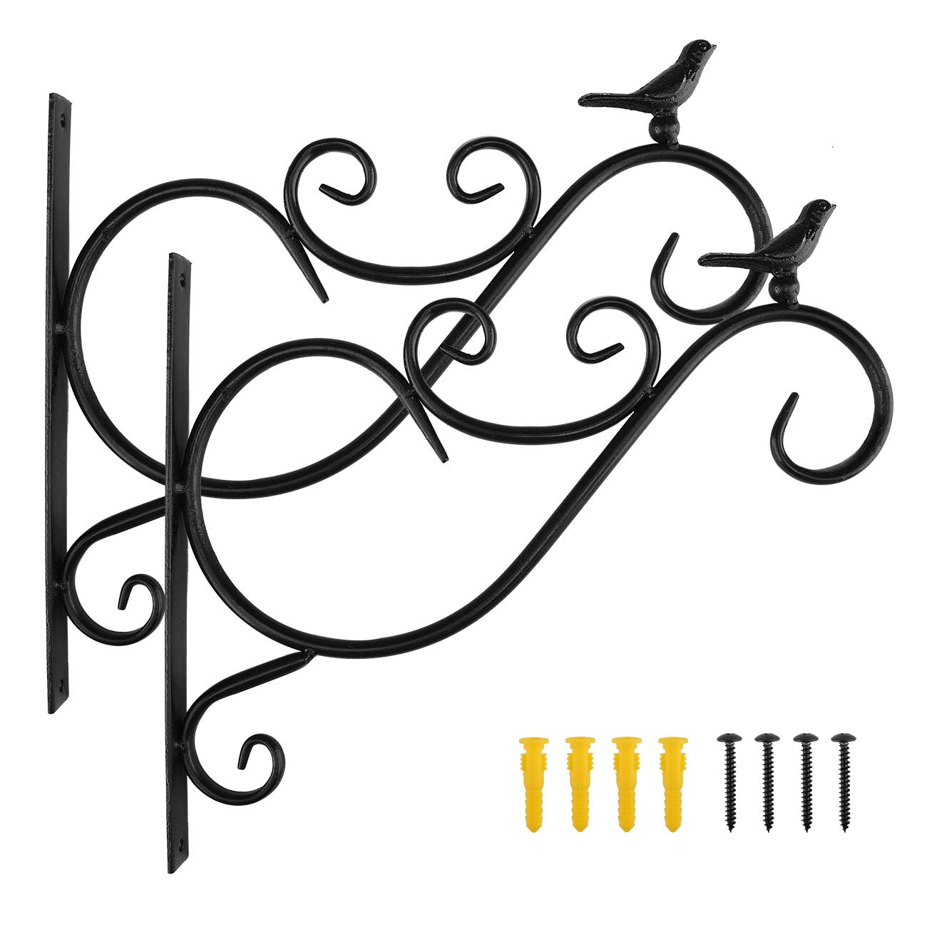 Lewondr Wall Hanging Plant Bracket, 2 Pack 12-inch Retro Iron Shepard Hook for Flower Bird Feeder Planter Indoor Outdoor, Bird 01 - Spray Paint Black