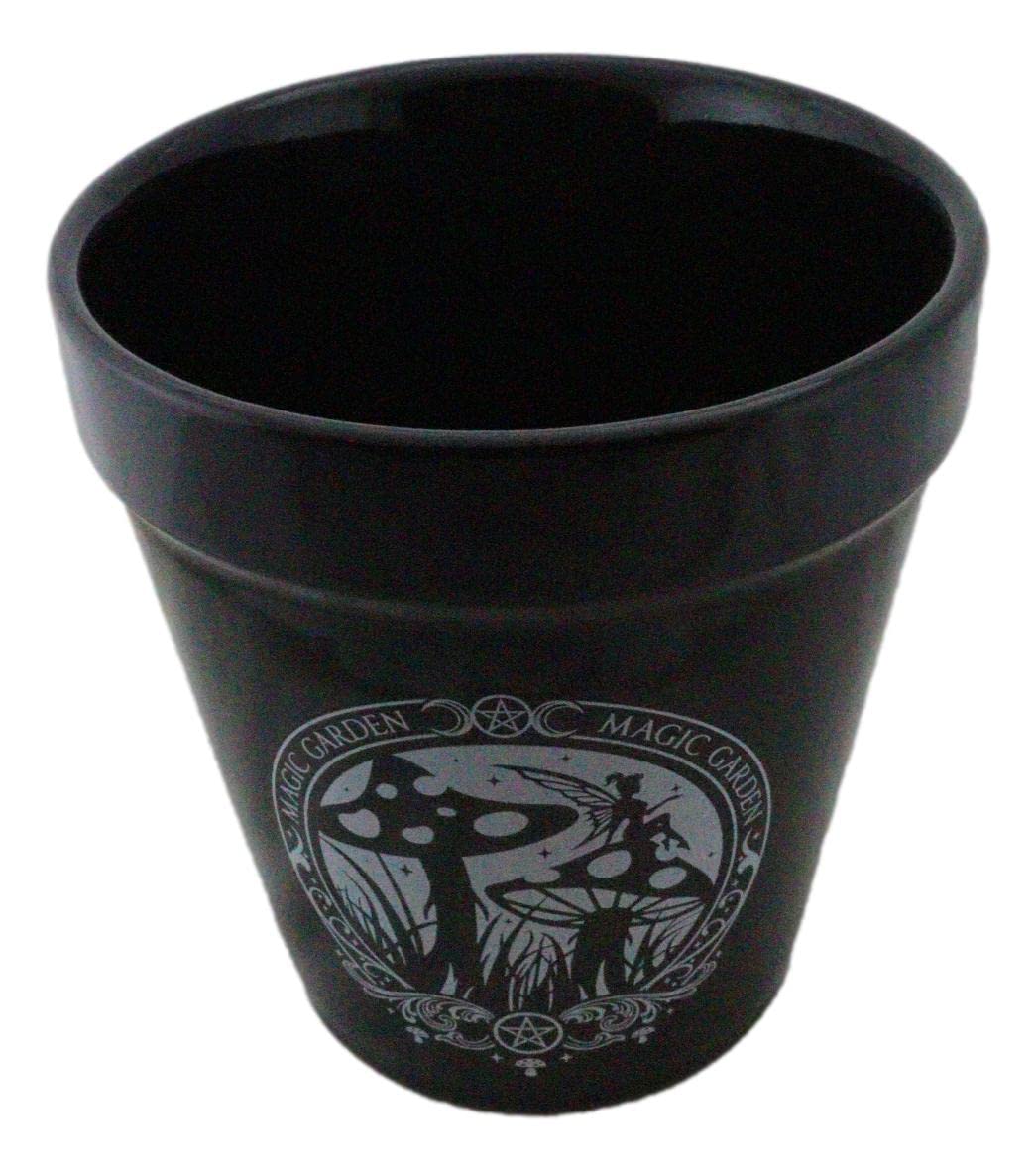 Ebros Gift Wicca Witchcraft Gothic Magic Black Ceramic Planter Pot Floral Container Alchemy Occult Potter Flowerpot Green Thumb Gardening Home Accent (Magic Garden Fairy Mushrooms Triple Moon)
