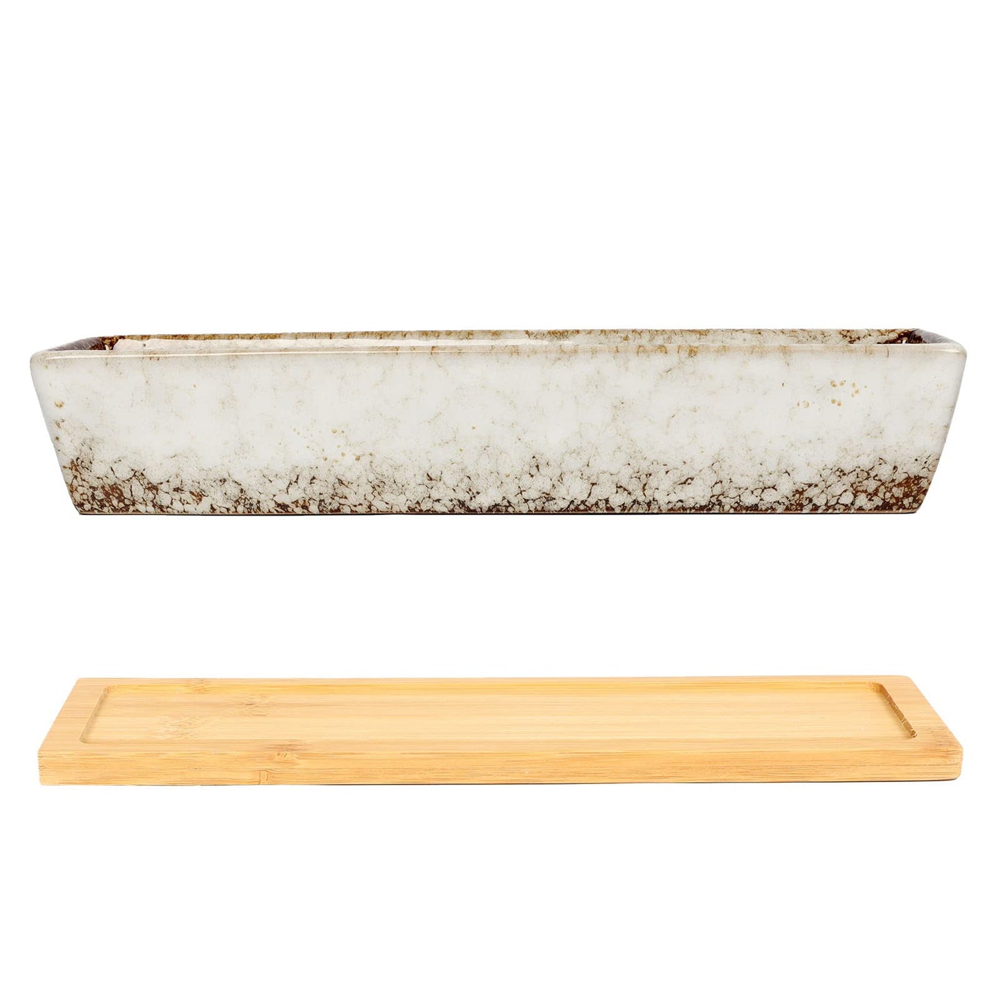 WISH HALLY WOOD 9.8inch White Long Rectangle Ceramic Succulent Planter Pot,one Set of Mini Flower Plant Container with Bamboo Saucers. Product Size:9.8x2.35x1.77 inch,not Include The Plant. (White)