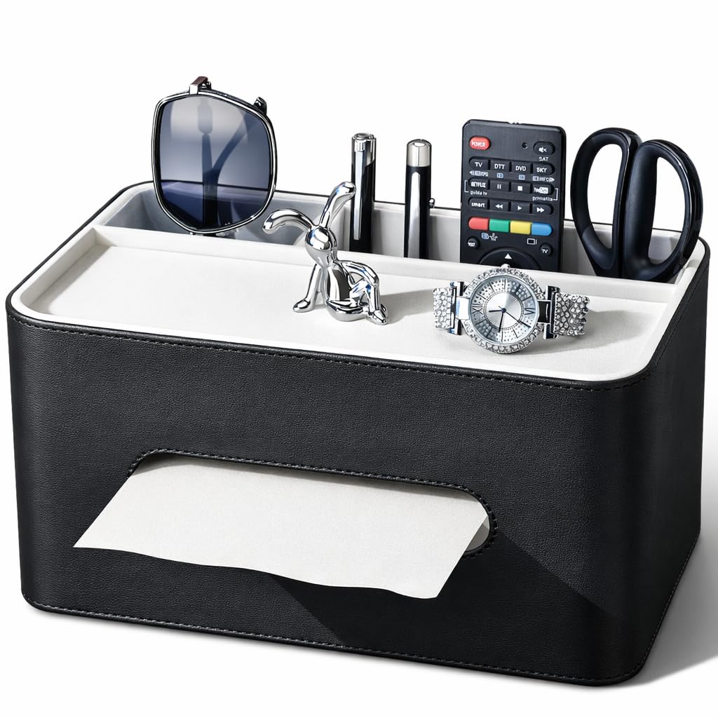 PU Leather Tissue Box Cover Rectangular with Storage Organizer Tray, Multifunctional Remote Control Holder, Desk Organizer for Living Room, Bedroom, Office, Decorative Tissue Holder Black