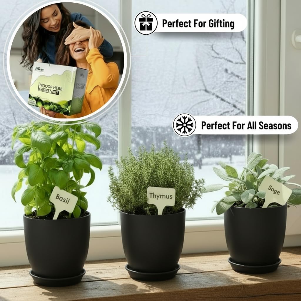 JNGROW Indoor Garden Kit - Plant Pots with Drainage, Watering Can & Tools - Ideal Windowsill Planter Set - Modern Home & Kitchen Decor Gift - Black
