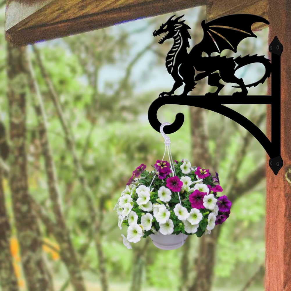 peacoblue Iron Plant Hangers Hooks for Outdoor Indoor Hanging Plants Flower Fern Pots Lantern Bird Feeder,11.8"x15.1" Weather Resistant Metal Wall Holder for Porch Garden Farmhouse(Dragon)