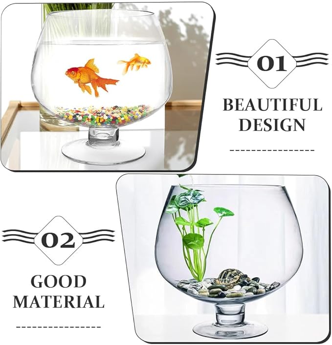 UKCOCO Elegant Glass Fish Bowl: Multi-Functional Betta Fish Tank, Desktop Goldfish Aquarium - Clear Glass Vase for Home Office Decor, 7.47 Inch