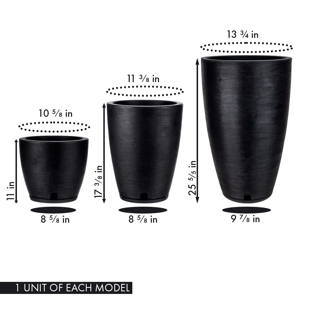 Floridis Set of 3 Black Planters for Indoor Outdoor Plants, 11/17/25 Inch Plastic Plant Pots with Drainage Hole and Saucer for Patio and Front Porch