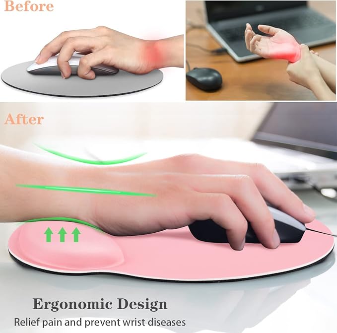 WAVEYU Ergonomic Mouse Pad with Wrist Support, Decorative Mouse Mat for Women Non-Slip Rubber Base Mousepad for Desk Laptop Gaming Working Computers Easy Typing & Pain Relief, Pink