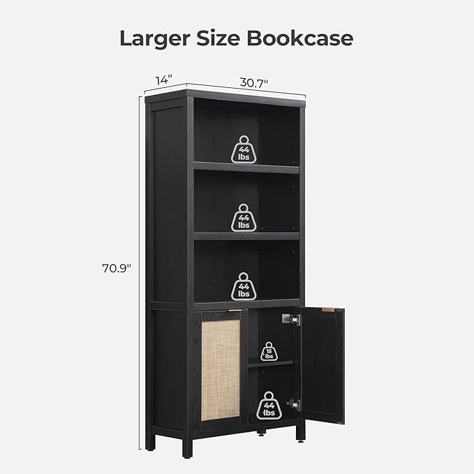 SICOTAS Bookcase 71" Tall Bookshelf 5 Tier Rattan Boho Bookcase