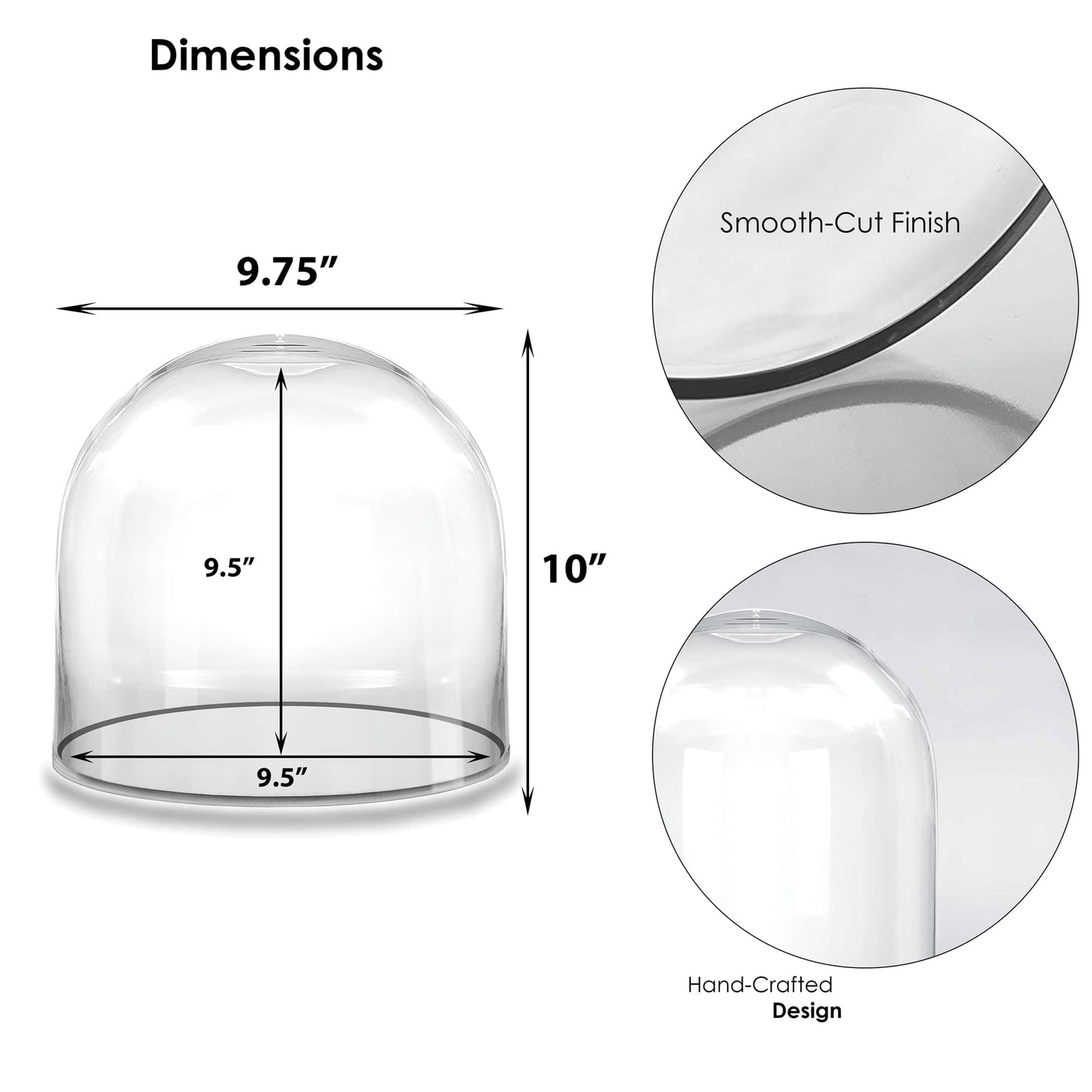 CYS EXCEL Glass Cloche Dome (H:10" D:9.75") | Multiple Sizes Decorative Showcase Display for Antique Collectibles | Bell Jar Terrarium & Dessert Cover