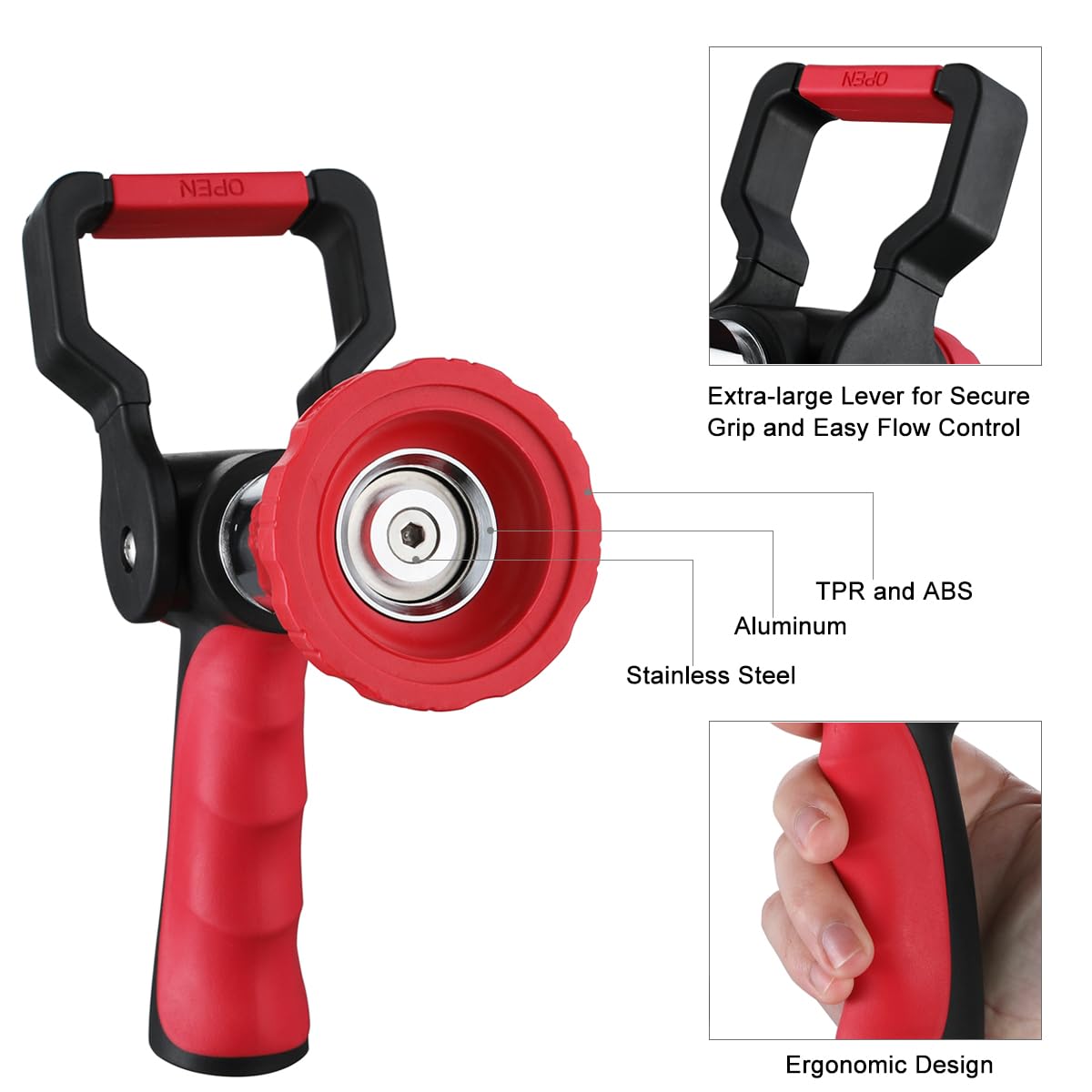 FANHAO High Pressure Fireman's Spray Nozzle, Heavy Duty Metal Garden Hose Nozzle with Lever Handle and Slip Ergonomic Grip, Adjustable Water Nozzle for Watering Lawn and Garden, Washing Car & Pet