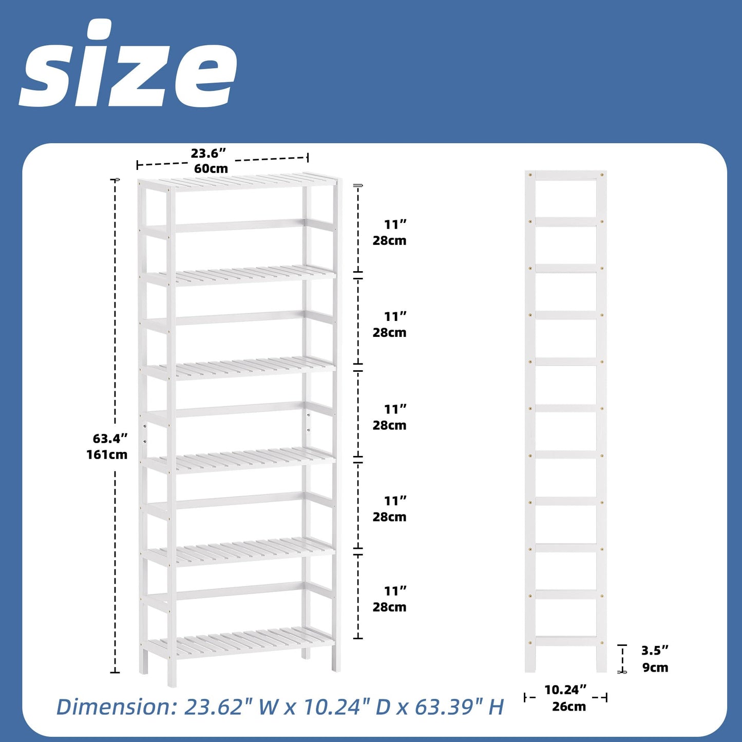 HITNET Bookshelf, 6-Tier Tall Bookcase Freestanding Bamboo Book Shelf Bathroom Storage Organizer with Adjustable Shelves, White