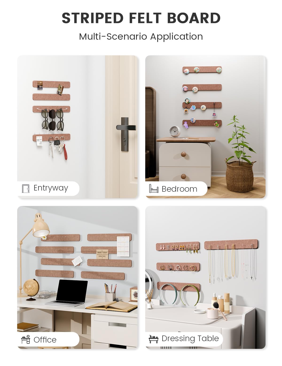Fluxynara Cork Board Alternative Felt Strip Board 8-Pack 13"x2", Office Pin Board with 50 Push Pins, Adhesive Install for Bedroom Door & Home Office (Terracotta)