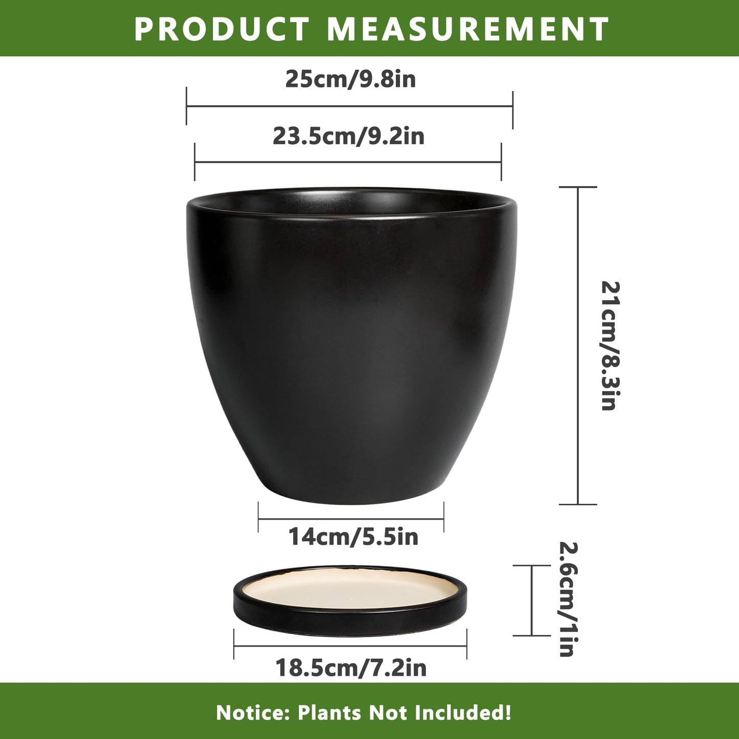 EPFamily Ceramic Planter - 10 Inch Plant Pot with Drainage Hole and Tray, Round Flower Pots, Planters for Indoor Plants, Modern Room Garden Patio Bathroom Living Room Porch Home Decor, Black