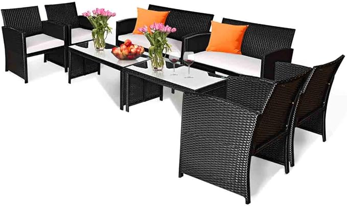 Tangkula Patio Wicker Conversation Furniture Set, Patiojoy Sofa & Table Set w/4