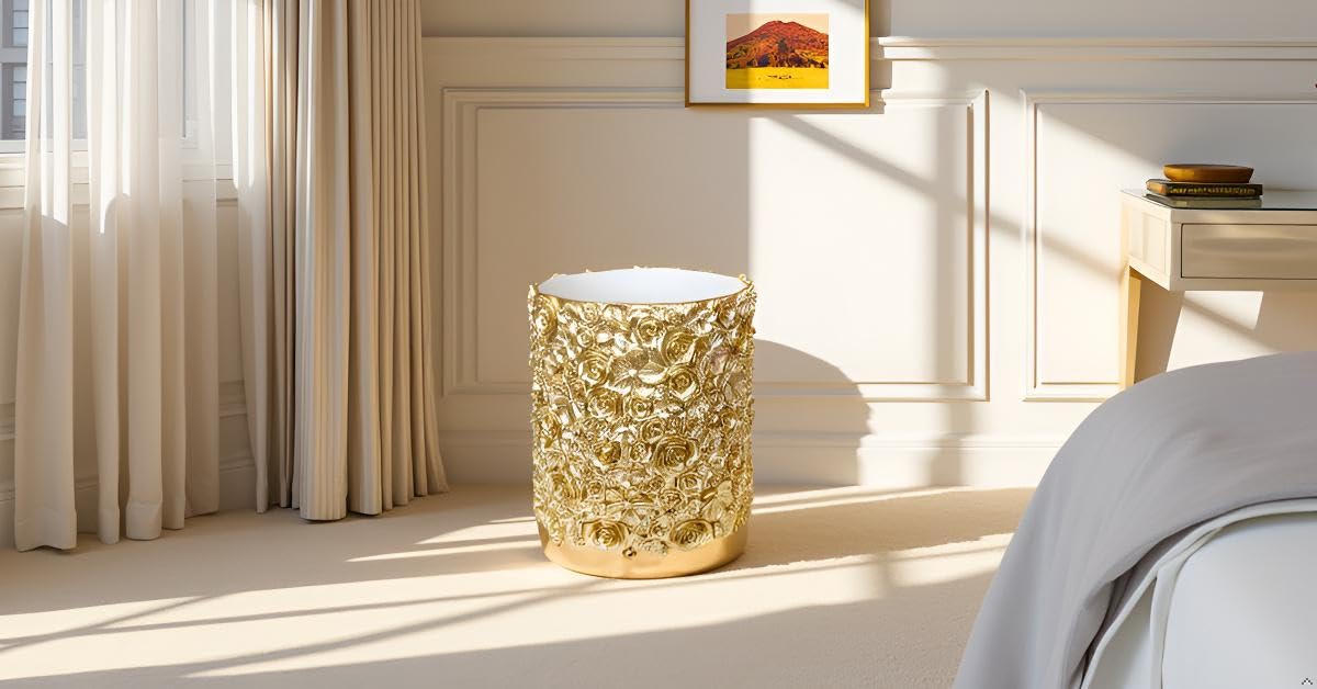 Huitony Decorative Glod Trash Can Elegant Resin Carved Waste Basket 8"x10" Trash Bin Decor Rose Floral Garbage Can for Office Bathroom,Bedroom,Livingroom 8L/2.2Gallon(Gold)
