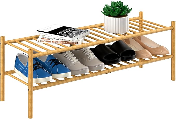 ROMGUAR CRAFT 2-Tier Bamboo Long Shoe Rack, Free Standing Wood Shoe Shelf