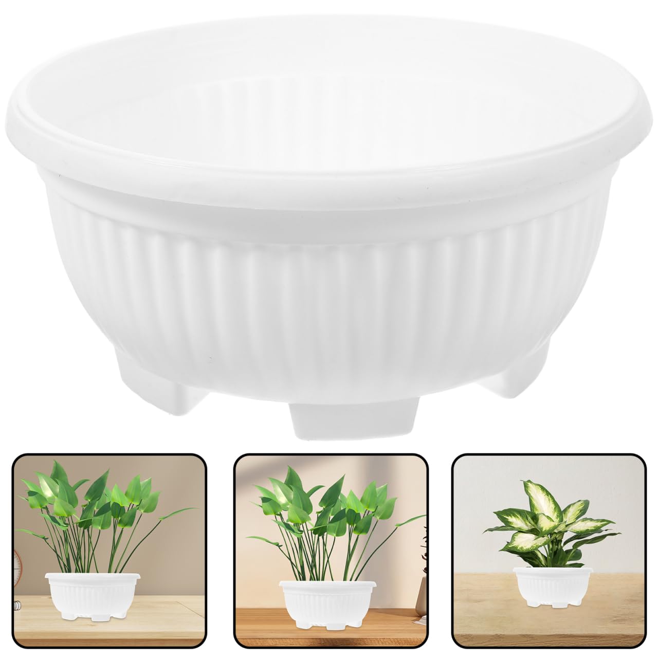 HANABASS Large Garden Bowl Planter White Shallow Plant Pot with Drainage Plastic Flowerpot for Succulents Bonsai Herbs Indoor Outdoor 8.25 Inchs