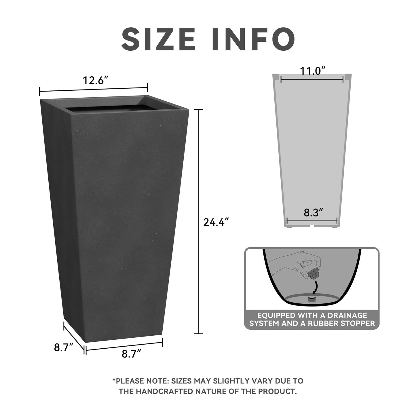 Kante 24.4 Inch Tall Tapered Concrete Planter (Set of 2), Modern Style Large Plant Pot with Drainage Hole and Rubber Plug for Patio, Porch, Black