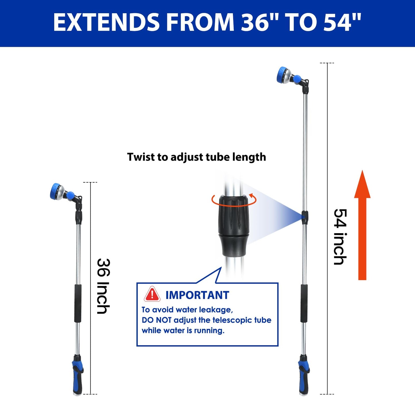 Seatern Telescoping Watering Wand for Garden Hose, 36”-54” Adjustable, 10 Spray Patterns, Heavy-Duty Hose Nozzle with Thumb Control & Pivoting Head, Ideal for Hanging Baskets and Shrubs, Blue