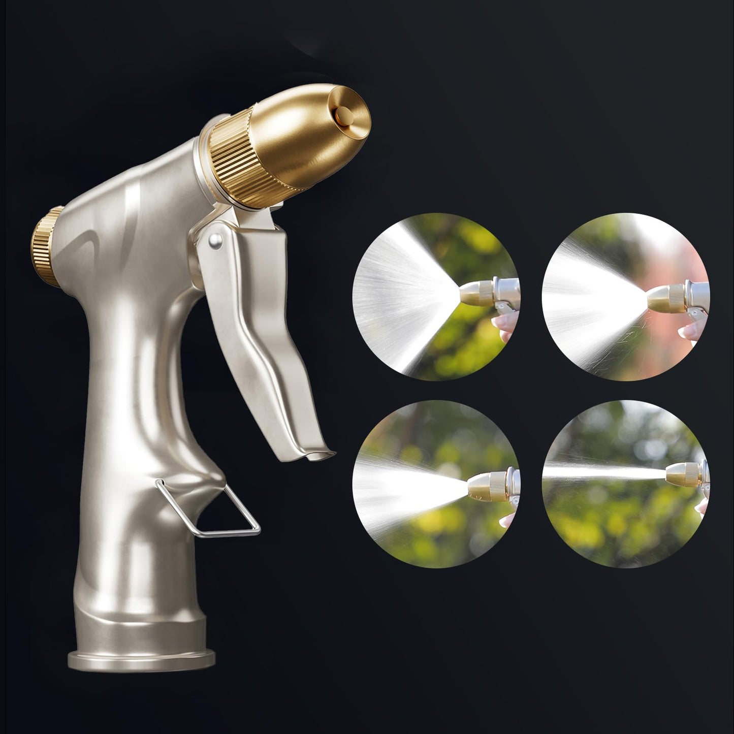 Garden Hose Nozzle with Full Brass Nozzle, 100% Metal Hose Sprayer with 4 Adjustable Patterns, Heavy Duty Water Nozzle for Garden, Lawns, Cars, Showering Pet & Windows