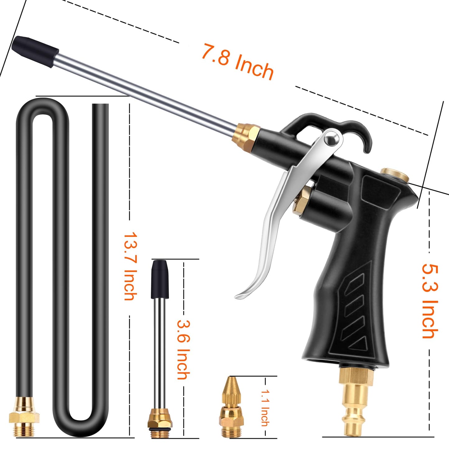 Brass Industrial Air Blower with Adjustable Nozzle, Universal Blow Hose & Steel Extensions - Air Compressor Dusting Tool