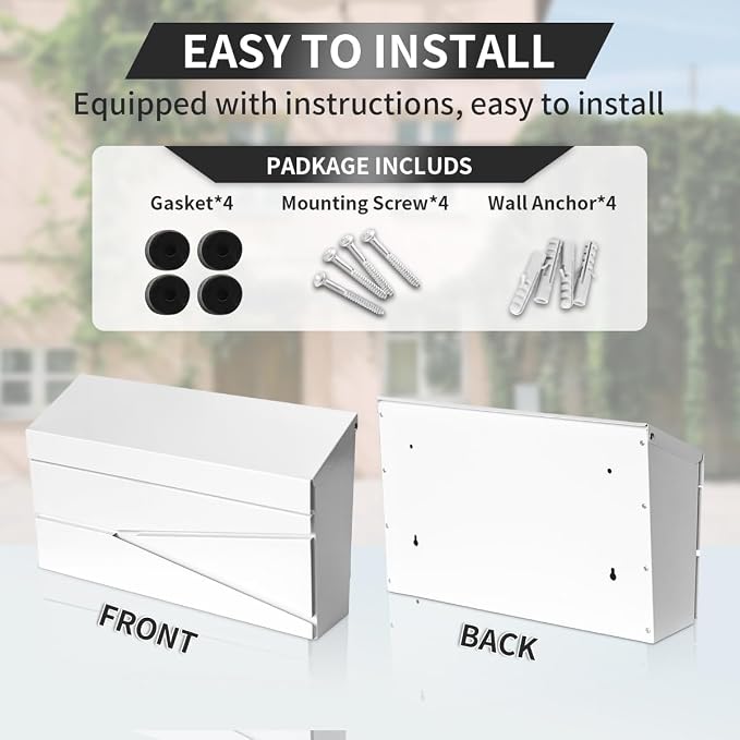 Ydocabinit Wall Mount Mailbox, Large Capacity Mailbox for House, Galvanized Steel Rust-Proof Metal Post Box Drop， Mailboxes for Outside, 15.74"×9.84"×4.33", White Modern Sleek Style
