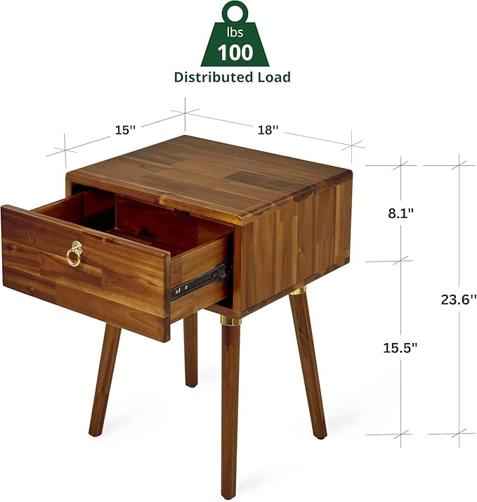 Bme Caden Solid Wood Nightstand/Side Table/End Table, Fully Assembled,