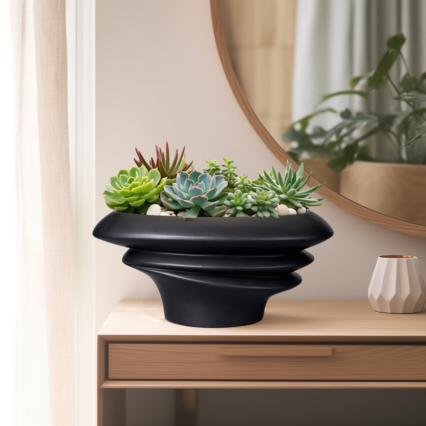 SQOWL Bonsai Pot 10 Inch - Ceramic Succulent Planter with Drainage Hole Large Plant Pot for Indoor Plants Outdoor Modern Home Decor Black