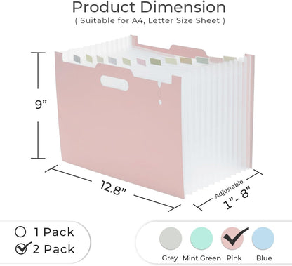 Y YOMA 2 Pack Accordion File Organizer with Handle 12 Pockets Expanding File Folder with Removable Tabs for A4 Letter Size Paper Portable Plastic Filing Organizer Document Bill Receipt Holder, Pink