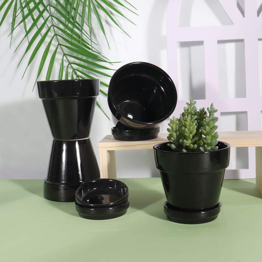 vensovo 4 Inch Black Ceramic Pots for Plant with Saucer - 6 Pack Small Ceramic Planter with Drainage Hole, Flowerpot with Tray, Great for Indoor Outdoor Plants, Crafts, Wedding Favor